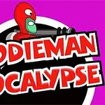 Personaje enmascarado en rojo sosteniendo un arma, con el texto en letras grandes Doodieman Apocalypse sobre un fondo morado