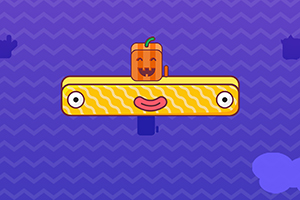 Un pimiento sonriente en una plataforma amarilla con fondo morado de zigzag