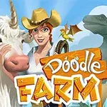 Una mujer con sombrero de vaquero sonríe junto a un unicornio y un dinosaurio, con un letrero que dice Doodle Farm al frente