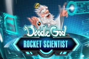 Un personaje con barba blanca y halo, rodeado de interfaces futuristas, señala con entusiasmo hacia un elemento holográfico, con texto Doodle God Rocket Scientist en el centro