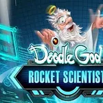 Un personaje con barba blanca y halo, rodeado de interfaces futuristas, señala con entusiasmo hacia un elemento holográfico, con texto Doodle God Rocket Scientist en el centro