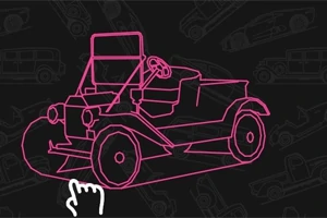Dibujo de un automóvil vintage en líneas rosas sobre un fondo oscuro con patrones de autos y un icono de mano señalando