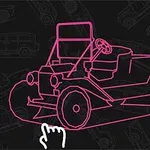 Dibujo de un automóvil vintage en líneas rosas sobre un fondo oscuro con patrones de autos y un icono de mano señalando