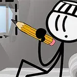 Personaje de dibujos animados en una celda, sosteniendo un gran lápiz junto a una ventana con barrotes