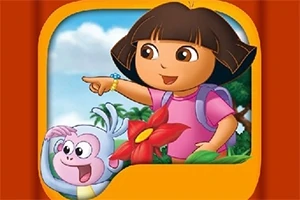 Niña con cabello corto y mochila rosa apuntando junto a un mono pequeño y una flor roja sobre un fondo de cielo azul