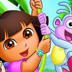Una niña sonriente y un mono morado columpiándose en una liana en un entorno selvático colorido