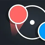 Dos círculos, uno rojo y otro azul, conectados por líneas curvas blancas en un fondo negro