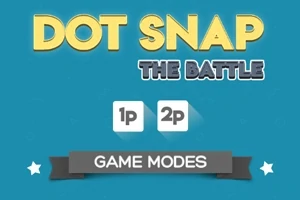 Texto amarillo y azul sobre un fondo azul que dice Dot Snap The Battle con opciones 1p y 2p y una cinta gris con Game Modes