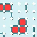 Patrón compuesto por líneas azules y rojas conectando puntos blancos sobre un fondo celeste, formando cuadrados rojos