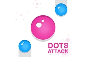 Círculo rosa grande en el centro rodeado de círculos azules y texto Dots Attack en la esquina inferior derecha