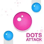 Círculo rosa grande en el centro rodeado de círculos azules y texto Dots Attack en la esquina inferior derecha