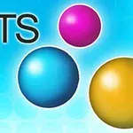 Tres esferas de colores sobre un fondo azul con círculos, acompañadas del texto DOTS