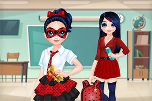Dos chicas en un aula, una con máscara y mochila, y la otra con una bebida y vestido rojo
