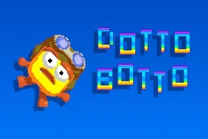 Personaje amarillo con casco y gafas junto a texto estilizado sobre fondo azul