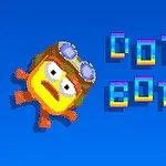 Personaje amarillo con casco y gafas junto a texto estilizado sobre fondo azul