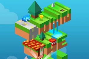 Paisaje isométrico colorido con plataformas flotantes, un auto azul, un lago, un árbol y caminos