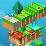 Paisaje isométrico colorido con plataformas flotantes, un auto azul, un lago, un árbol y caminos