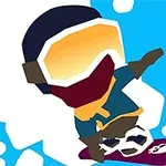 Personaje animado haciendo snowboard en un fondo azul con gafas protectoras y una tabla morada con un diseño de calavera