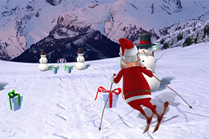 Figura navideña esquiando por una pendiente de nieve, esquivando muñecos de nieve y cajas de regalo