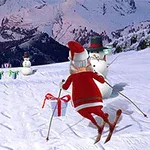 Figura navideña esquiando por una pendiente de nieve, esquivando muñecos de nieve y cajas de regalo