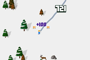Una figura esquía por una pendiente nevada, rodeada de árboles, un ciervo y una roca, con puntuaciones numéricas en pantalla