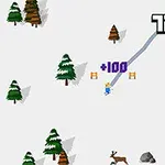 Una figura esquía por una pendiente nevada, rodeada de árboles, un ciervo y una roca, con puntuaciones numéricas en pantalla