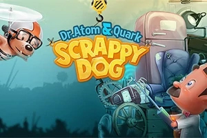 Dr. Atom & Quark: Scrappy Dog Un perro volador con casco y un niño con gafas observan una máquina desordenada en un paisaje animado