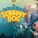 Dr. Atom & Quark: Scrappy Dog Un perro volador con casco y un niño con gafas observan una máquina desordenada en un paisaje animado