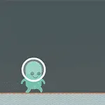 Un personaje verde con un casco espacial caminando sobre una superficie gris con fondo oscuro