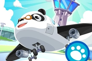 Avión con apariencia de panda volando cerca de una torre de control en un entorno colorido y soleado