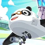 Avión con apariencia de panda volando cerca de una torre de control en un entorno colorido y soleado