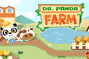 Un panda con sombrero de paja y un toro junto a un lago en un entorno de granja colorido con un letrero que dice Farm