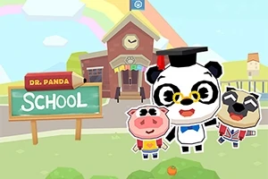 Un panda con birrete está junto a un cerdo y un perro en frente de una escuela con un cartel que dice Dr