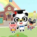 Un panda con birrete está junto a un cerdo y un perro en frente de una escuela con un cartel que dice Dr