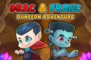 Diseño colorido con dibujos de personajes estilo caricatura, un vampiro y un monstruo, junto a un título de aventura en un ambiente de mazmorra