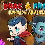 Diseño colorido con dibujos de personajes estilo caricatura, un vampiro y un monstruo, junto a un título de aventura en un ambiente de mazmorra