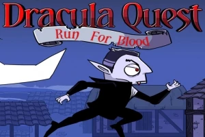 Vampiro de dibujos animados corriendo en un pueblo con un pergamino que dice Run For Blood