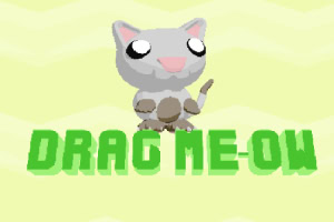 Ilustración de un gato de dibujos animados con la frase Drag Me-ow en letras verdes sobre un fondo amarillo