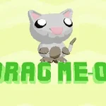 Ilustración de un gato de dibujos animados con la frase Drag Me-ow en letras verdes sobre un fondo amarillo