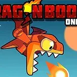 Dragón rojo caricaturesco lanzando una bola de fuego con el sol anaranjado de fondo