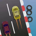 Dos autos de colores diferentes compiten en una pista de carreras rodeada de llantas