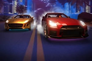 Dos autos deportivos de colores dorado y rojo compitiendo a alta velocidad en una carretera iluminada por neones
