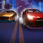 Dos autos deportivos de colores dorado y rojo compitiendo a alta velocidad en una carretera iluminada por neones
