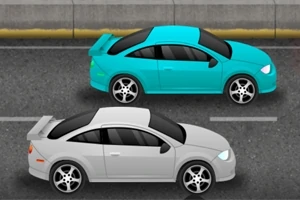 Dos autos deportivos, uno azul y otro gris, compitiendo en una carretera asfaltada
