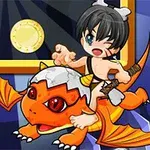 Niño disfrazado de cavernícola sobre un dragón naranja con grandes alas y elementos de joyas y monedas en el fondo