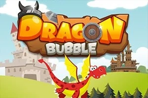 Dragón rojo caricaturesco volando sobre un paisaje verde con castillos de fondo y un título llamativo en la parte superior