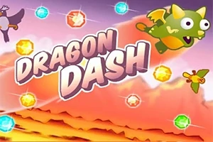 Dragón volador verde con alas, rodeado de gemas brillantes y fondo de cielo colorido