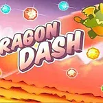 Dragón volador verde con alas, rodeado de gemas brillantes y fondo de cielo colorido