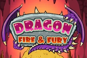 Un cartel de piedra con las palabras Dragon Fire & Fury rodeado por alas y garras moradas de dragón, sobre un fondo de cueva con tonos cálidos
