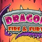 Un cartel de piedra con las palabras Dragon Fire & Fury rodeado por alas y garras moradas de dragón, sobre un fondo de cueva con tonos cálidos